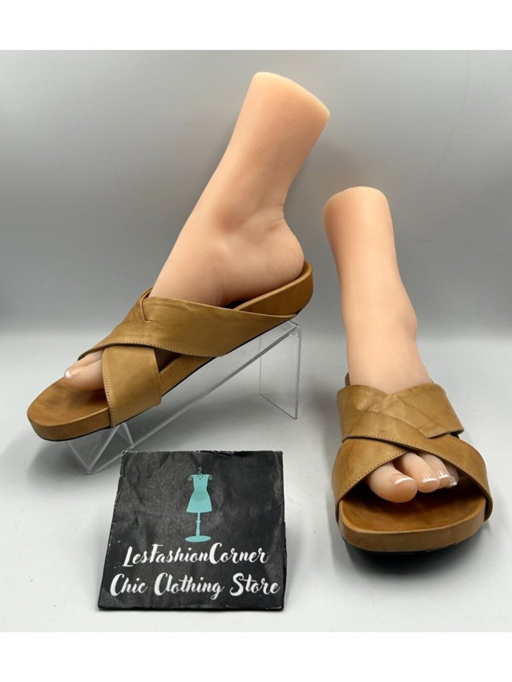 Antonio Bossi Women's Tan Leather Crisscross Slip-On Flats Sandals Size 10 3407